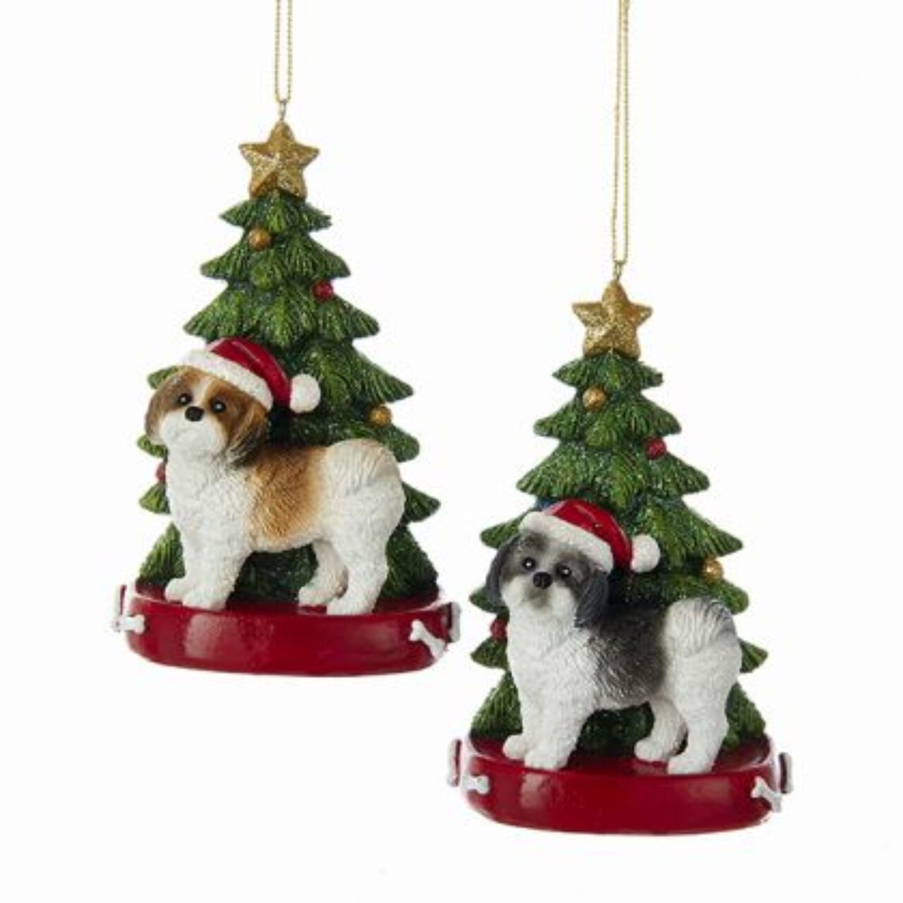 KSA Pack of 6 Assorted Shih-Tzus Sitting w/ Glittered Tree Christmas Ornament for Personalization 4.25"